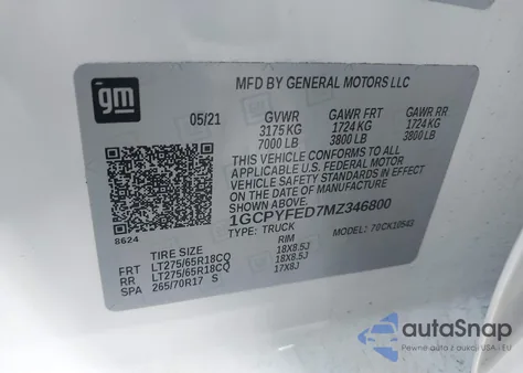 2021 Chevrolet Silverado 1500 4Wd Short Bed Lt Trail Boss из США, поврежденный, VIN 1GCPYFED7MZ346800